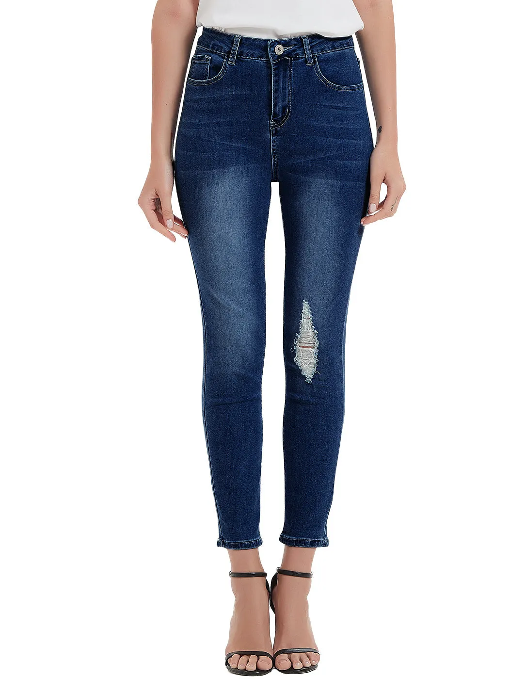 Anna-Kaci Women's High Waisted Denim Skinny Jeans Stretch Distressed Ripped Knee Pants by Anna-Kaci
