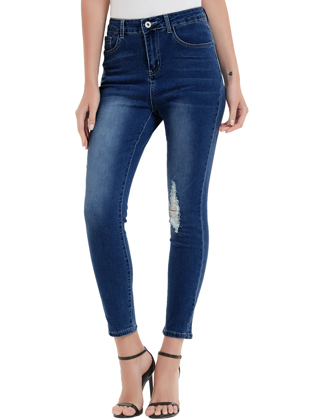 Anna-Kaci Women's High Waisted Denim Skinny Jeans Stretch Distressed Ripped Knee Pants by Anna-Kaci