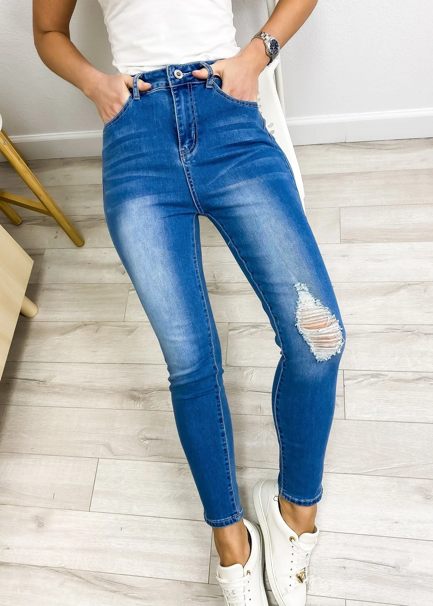 Anna-Kaci Women's High Waisted Denim Skinny Jeans Stretch Distressed Ripped Knee Pants by Anna-Kaci