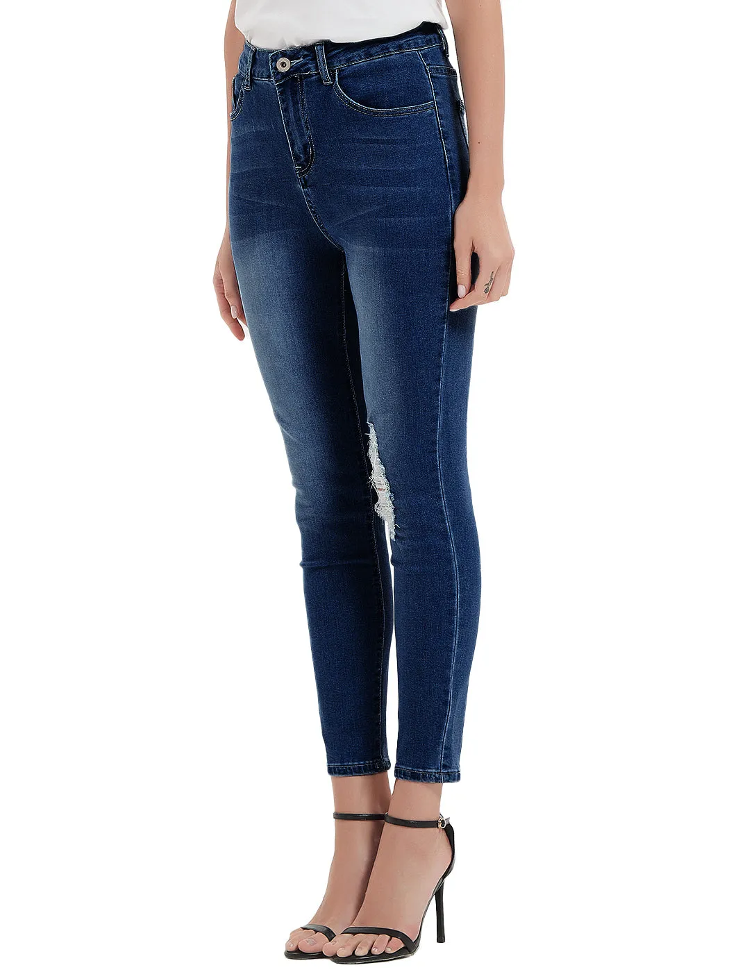 Anna-Kaci Women's High Waisted Denim Skinny Jeans Stretch Distressed Ripped Knee Pants by Anna-Kaci