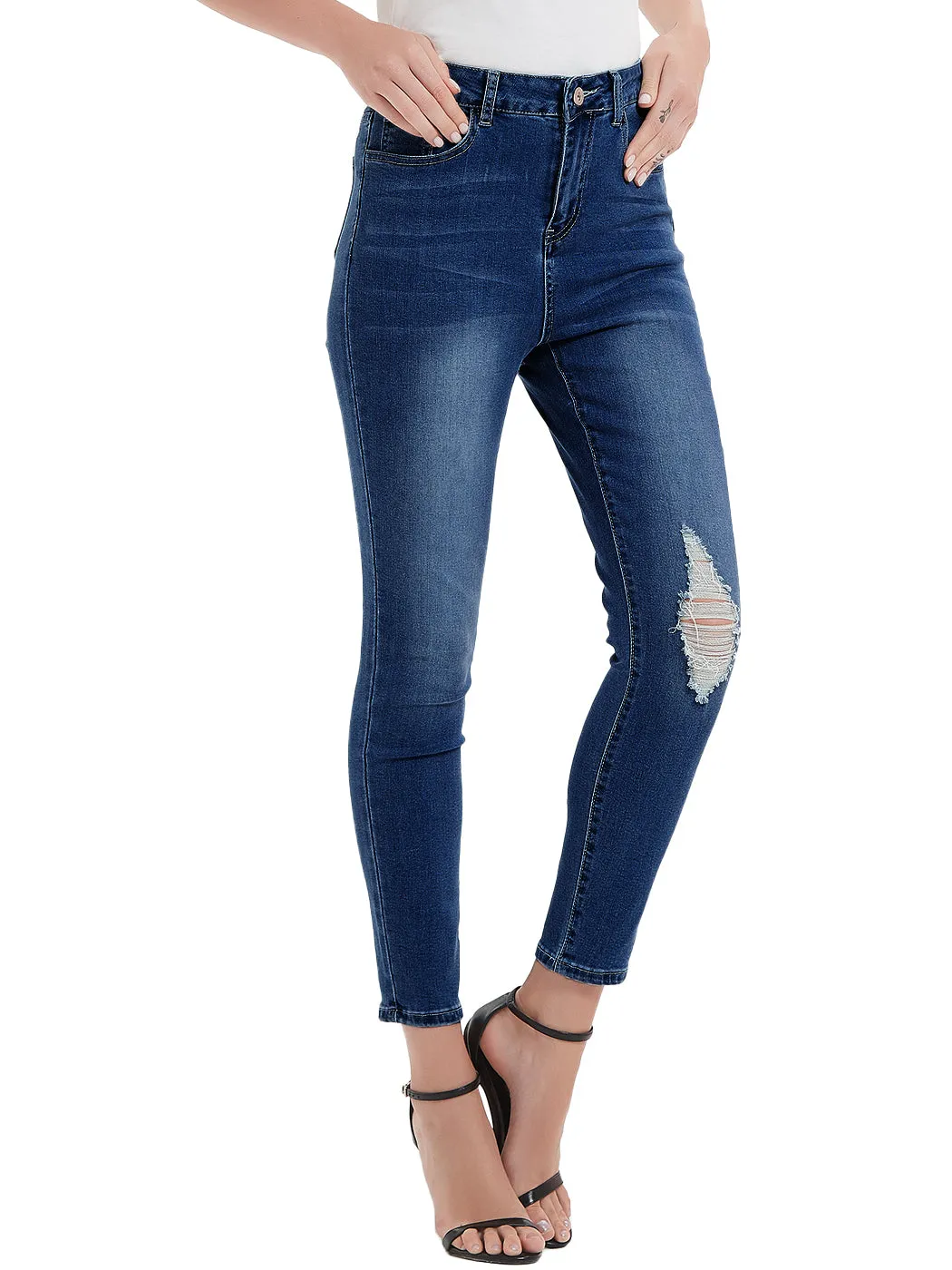 Anna-Kaci Women's High Waisted Denim Skinny Jeans Stretch Distressed Ripped Knee Pants by Anna-Kaci