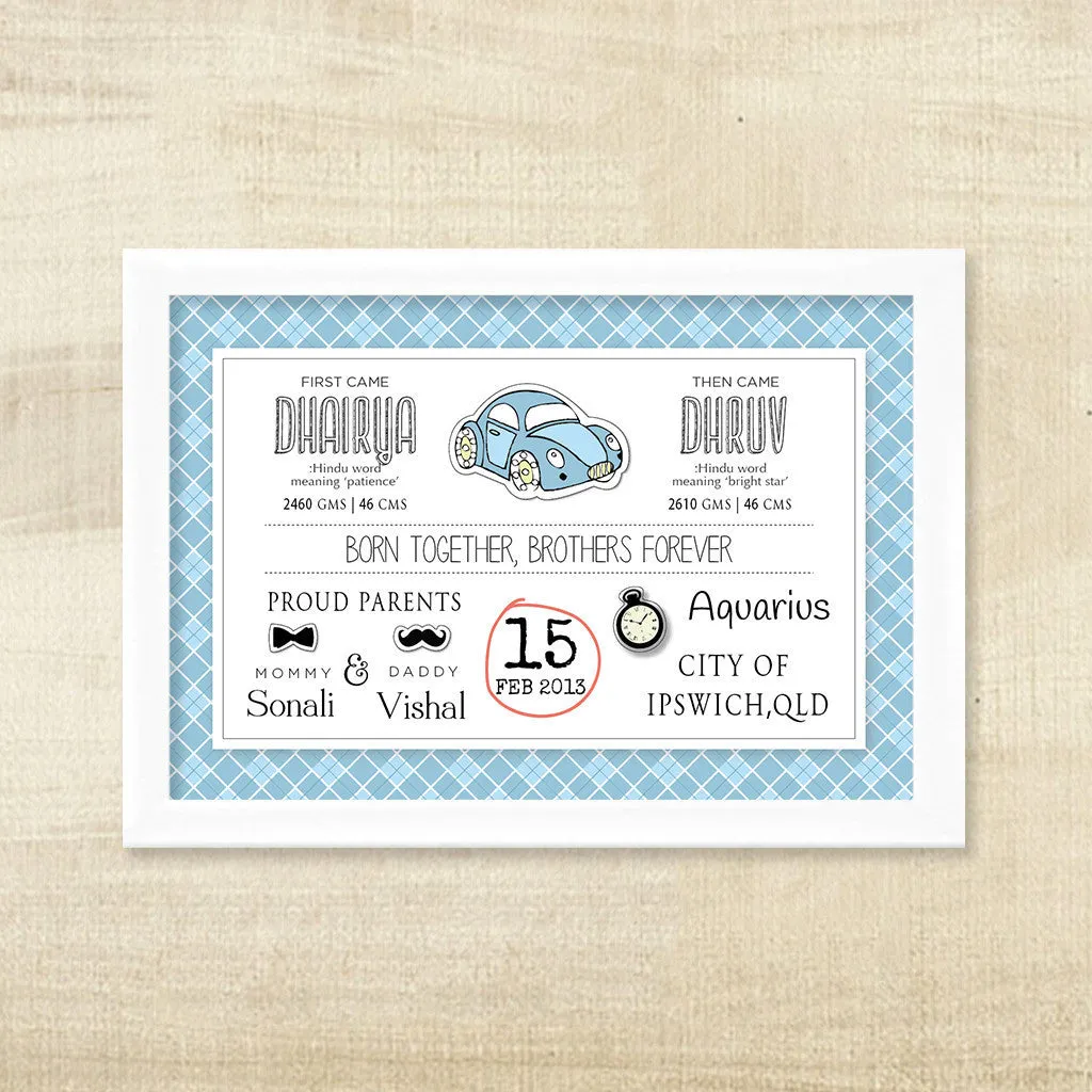 Birth Memory Frame for Twin Boys - Retro