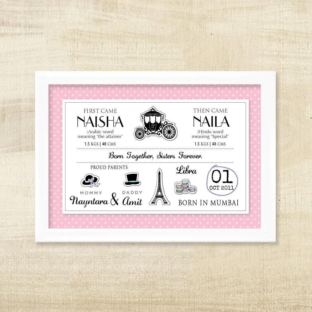 Birth Memory Frame for Twin Girls - Parisian