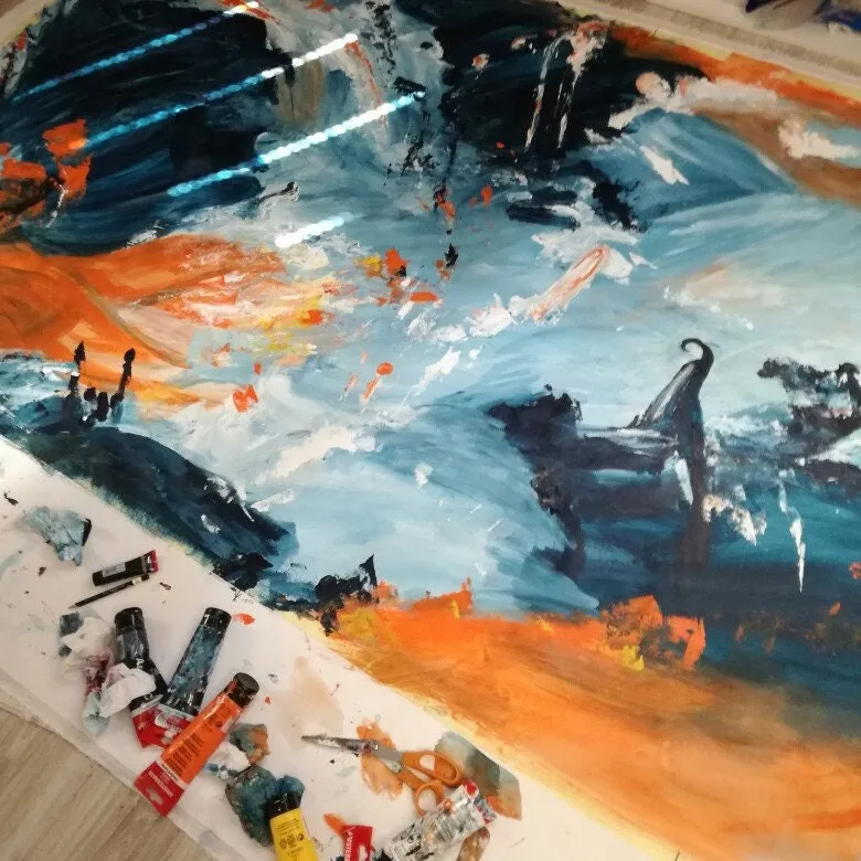 Blue & orange large abstract painting made to order in a custom size