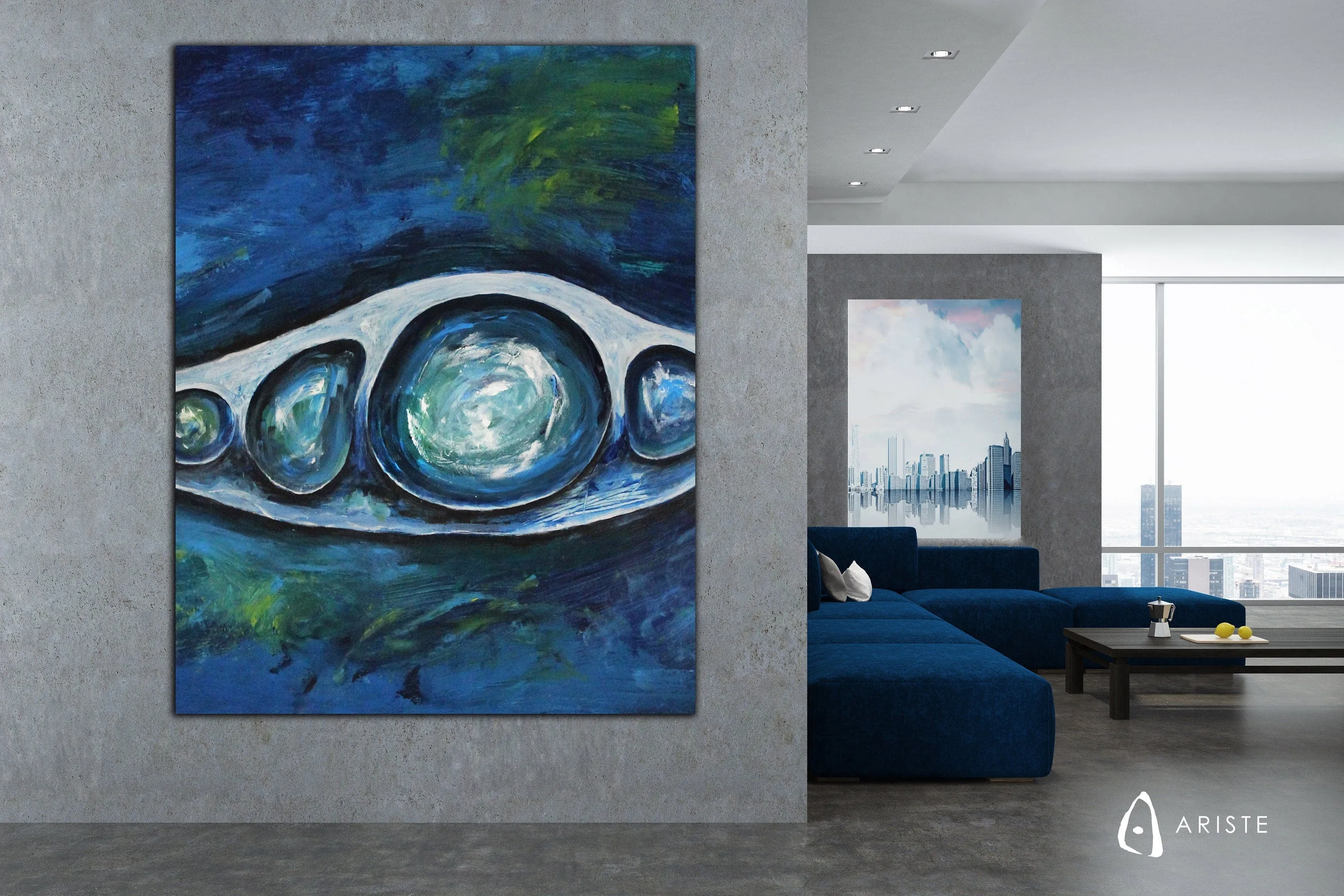 Blue & white abstract oversized wall art made to order in a custom size