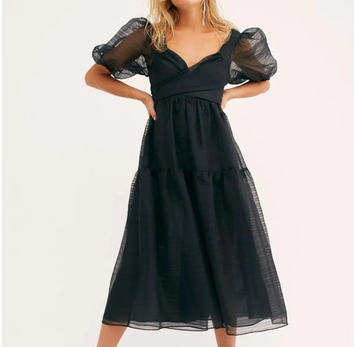 Free People Black Puff sleeve bow back Hailey Dress  UK 6