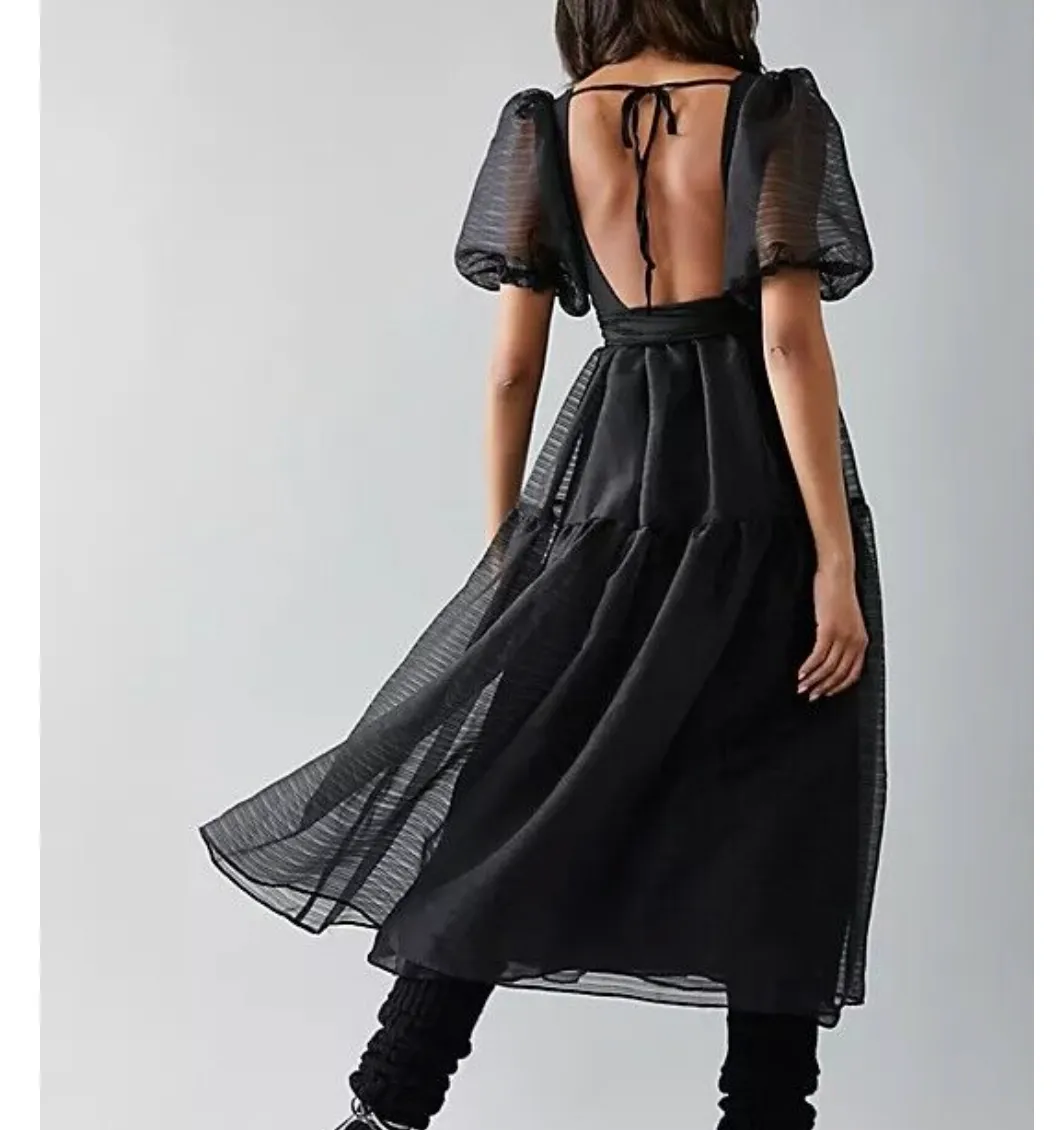 Free People Black Puff sleeve bow back Hailey Dress  UK 6