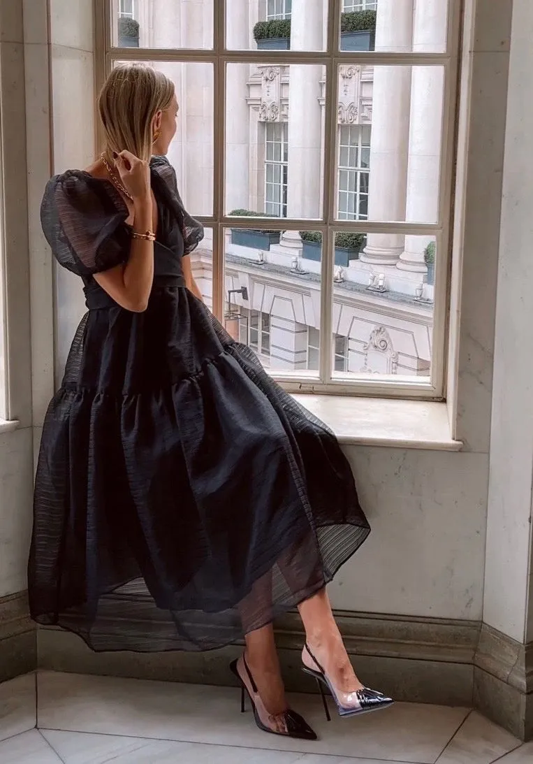 Free People Black Puff sleeve bow back Hailey Dress  UK 6