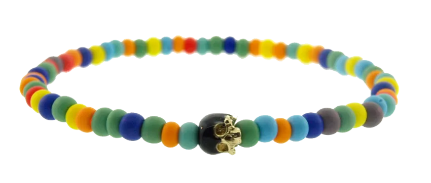 Gold Enameled Half Skull on Multicolor Beaded Bracelet