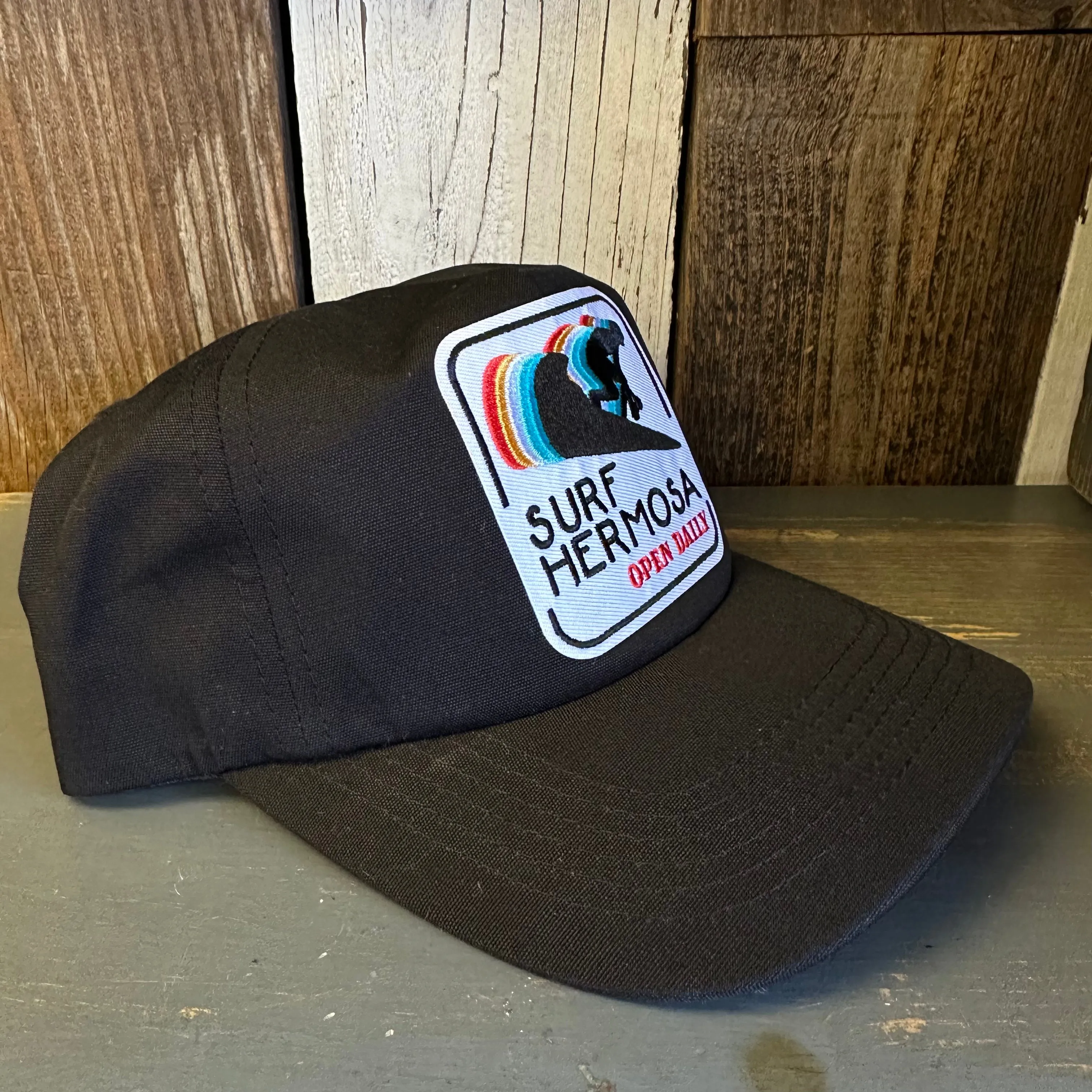 Hermosa Beach SURF HERMOSA :: OPEN DAILY - 5 Panel Hat - Black