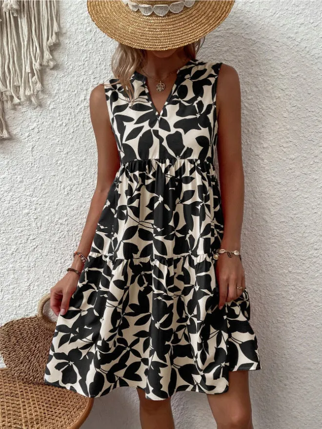 V-neck Pleated Print Sleeveless Dress For Women
